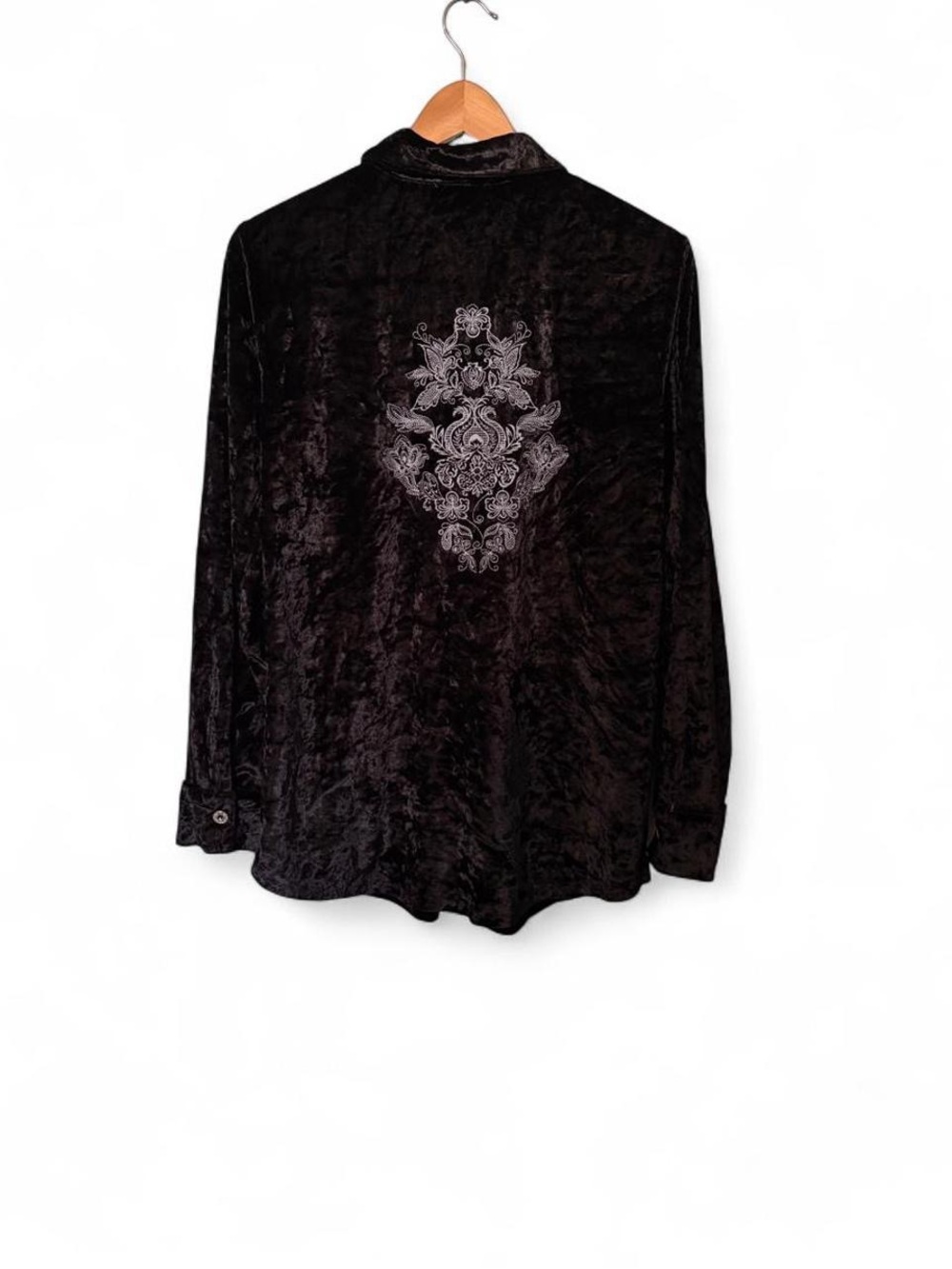 Simply Noelle Black Velvet Long-Sleeve Shirt w Silver Gothic Embroidery S/M